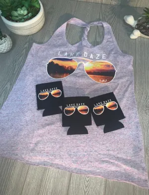 Lake James Sunset in Sunglasses “lake daze” on cosmic tank or tees