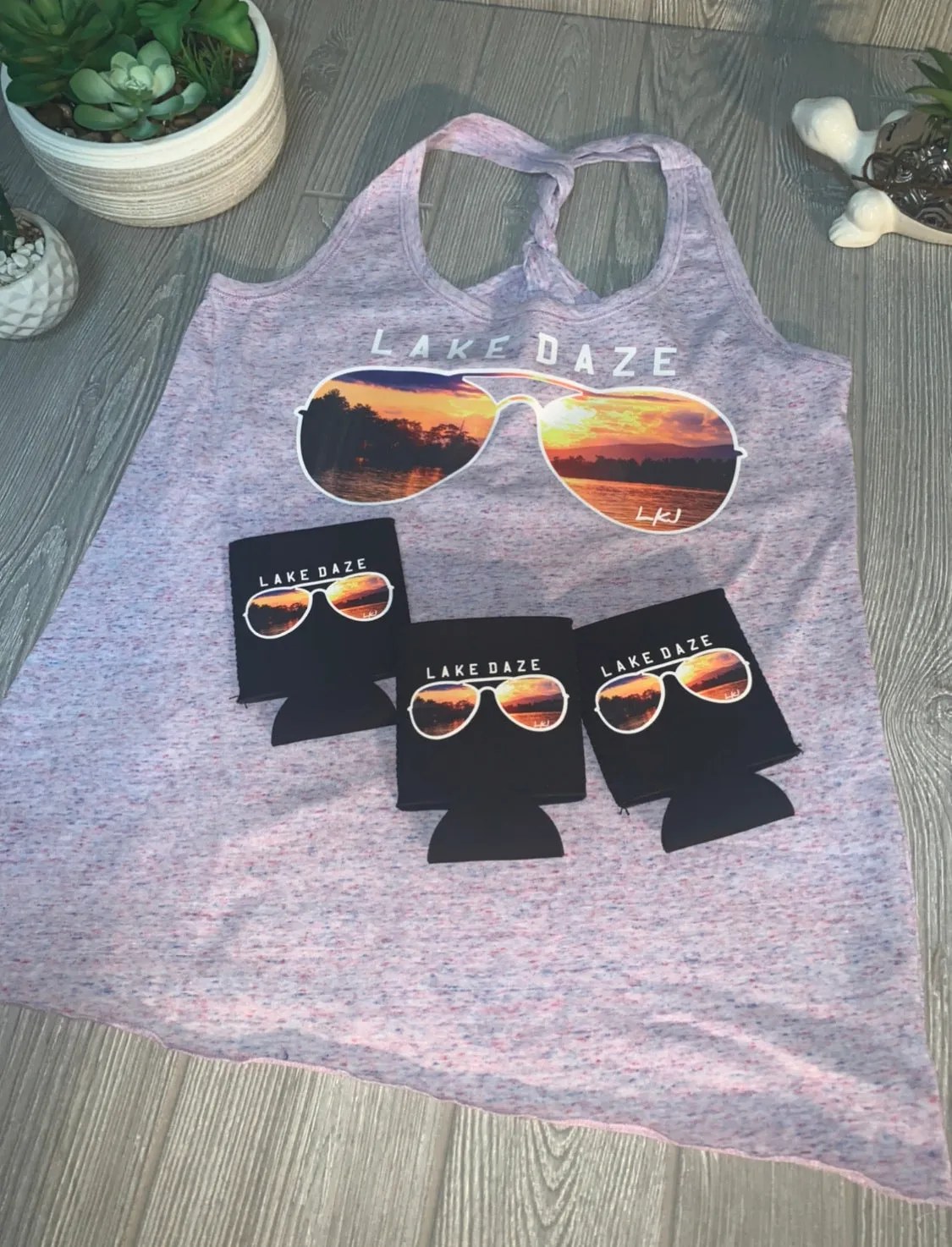Lake James Sunset in Sunglasses “lake daze” on cosmic tank or tees