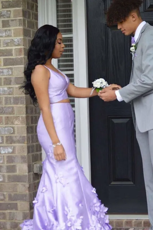 Lavender Two Piece Prom Dresses Mermaid Sleeveless with Flowers Appliques