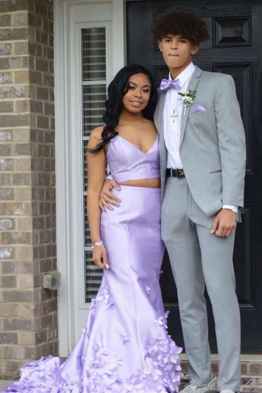 Lavender Two Piece Prom Dresses Mermaid Sleeveless with Flowers Appliques