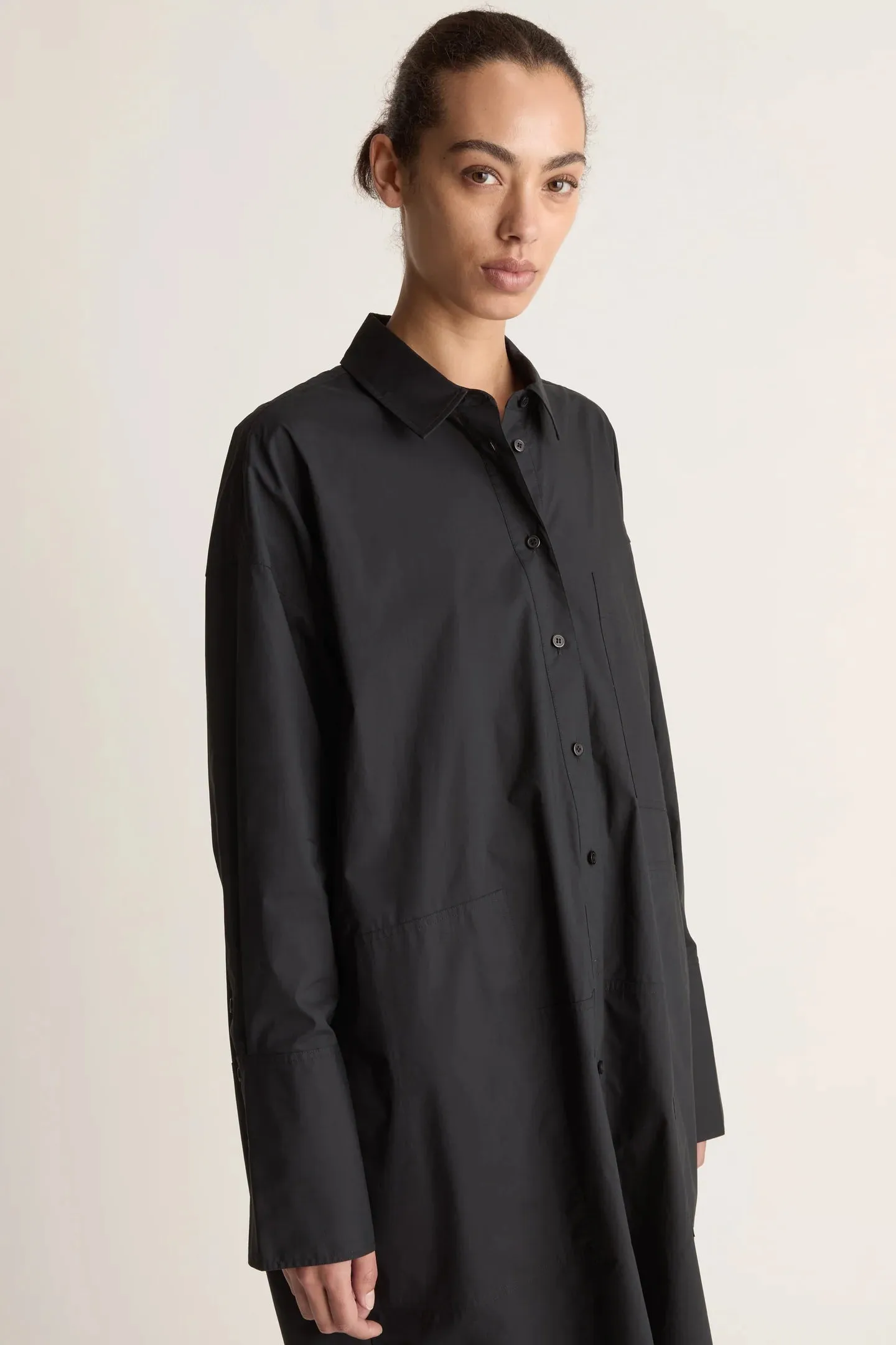 Lee Mathews Poplin Long Sleeve Shirt Dress in Black