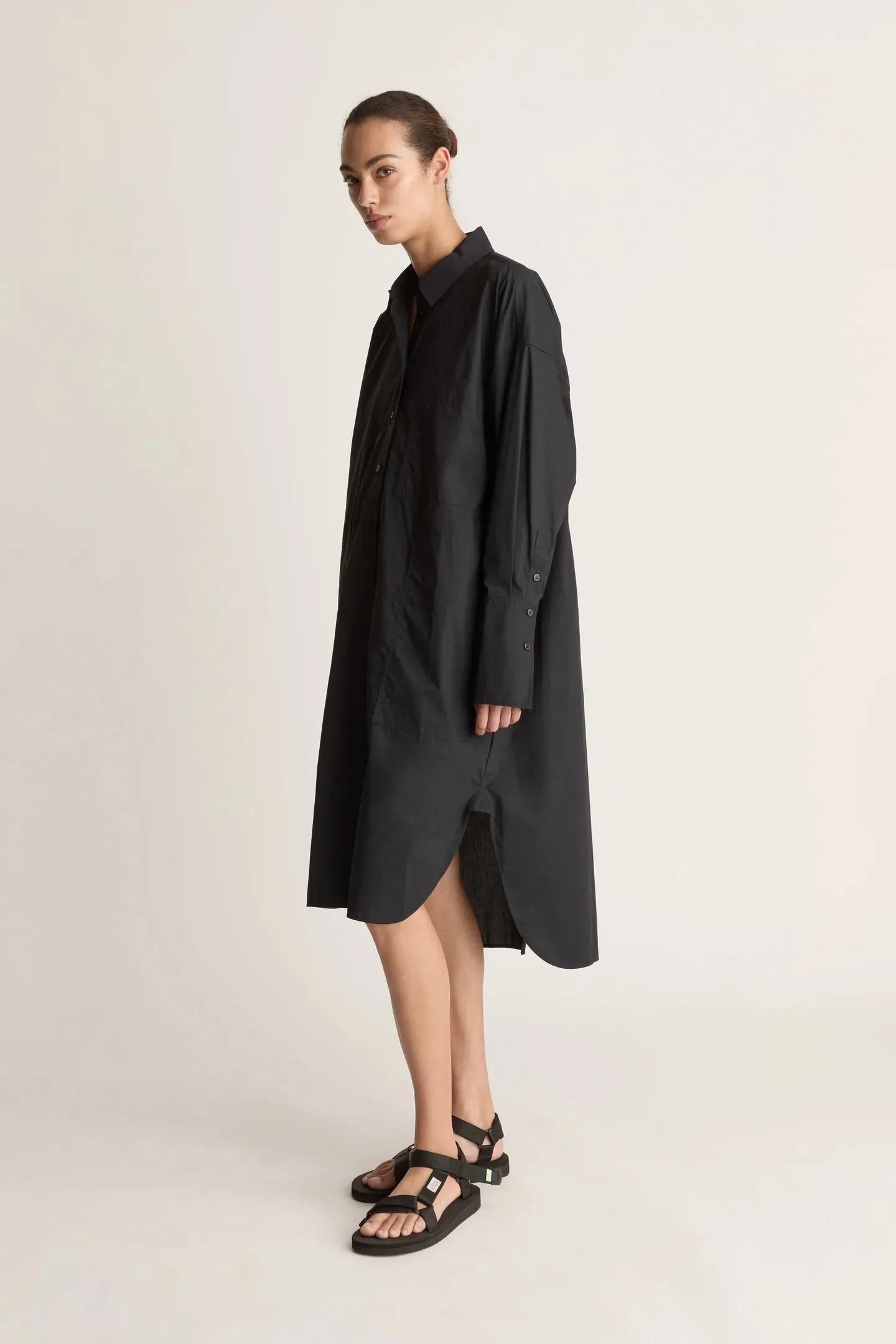 Lee Mathews Poplin Long Sleeve Shirt Dress in Black