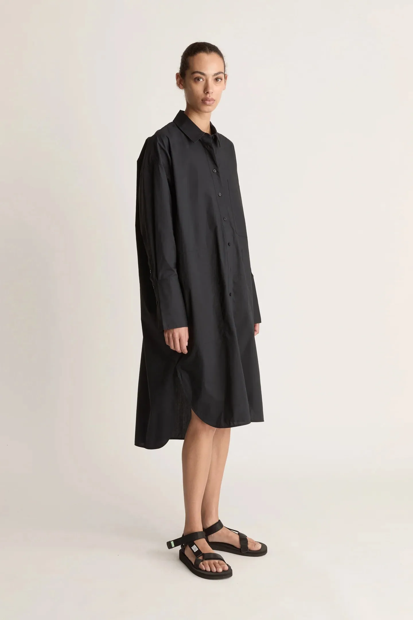 Lee Mathews Poplin Long Sleeve Shirt Dress in Black