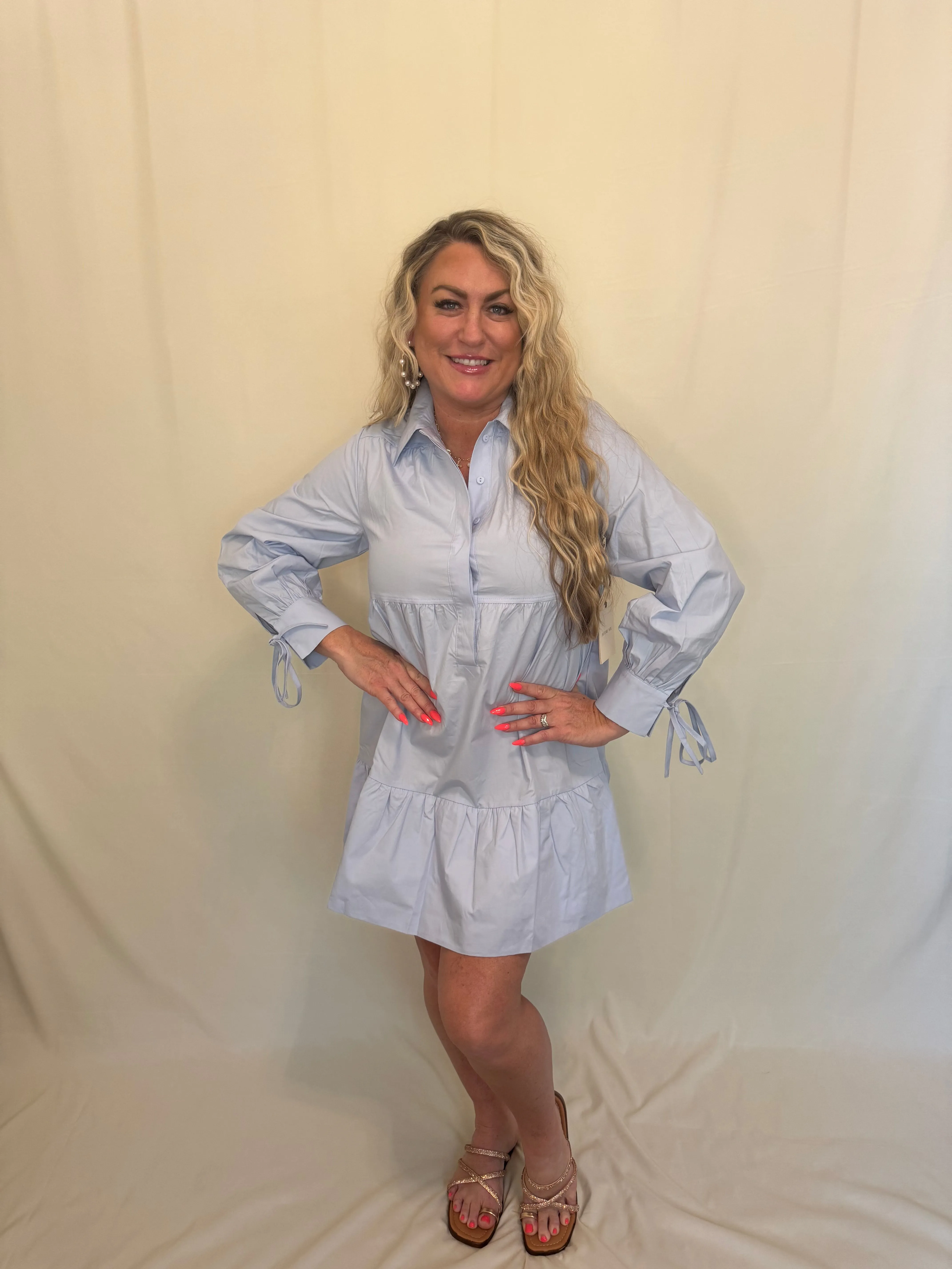 Light Blue Collared Long Sleeve Dress
