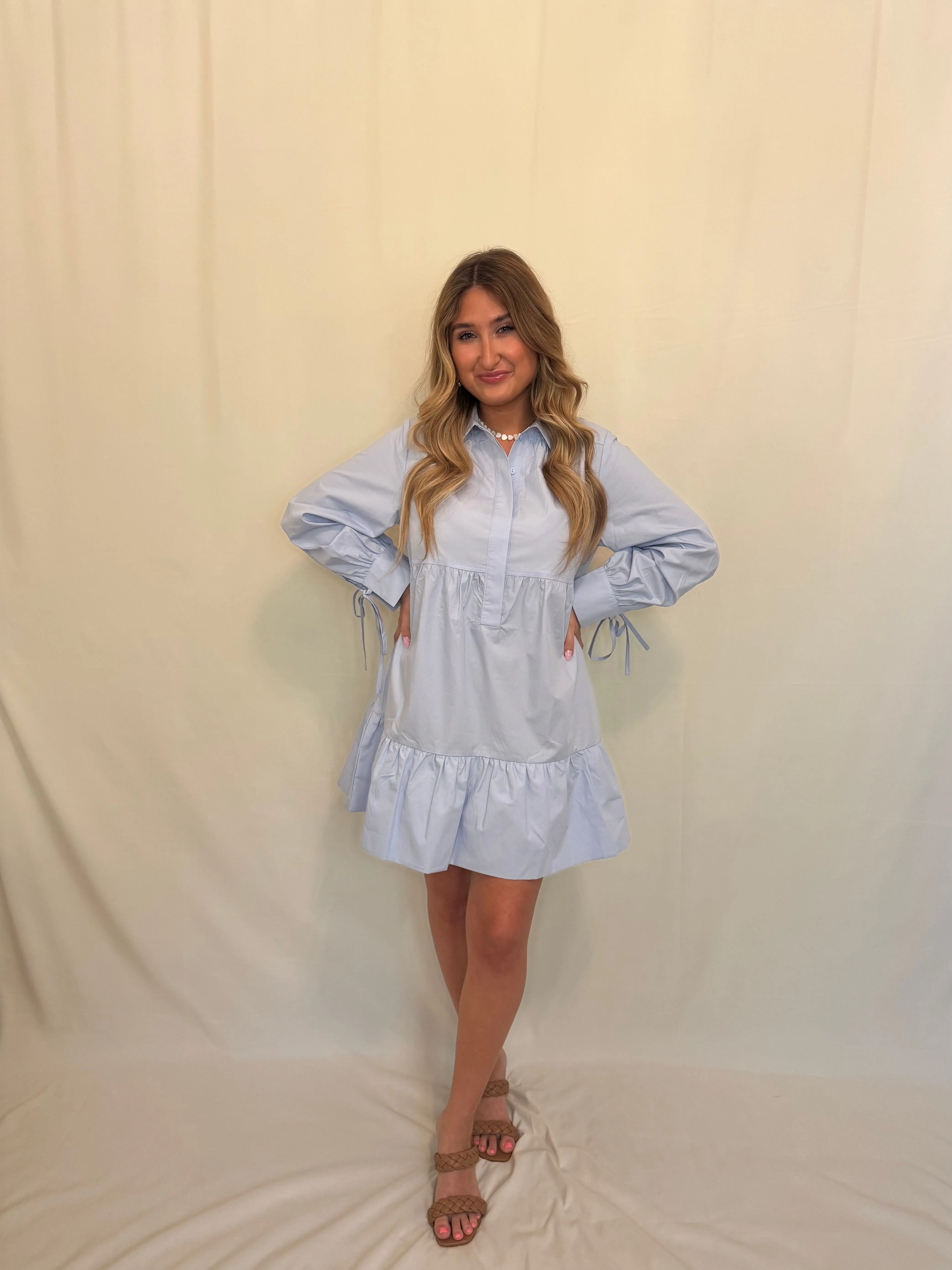 Light Blue Collared Long Sleeve Dress