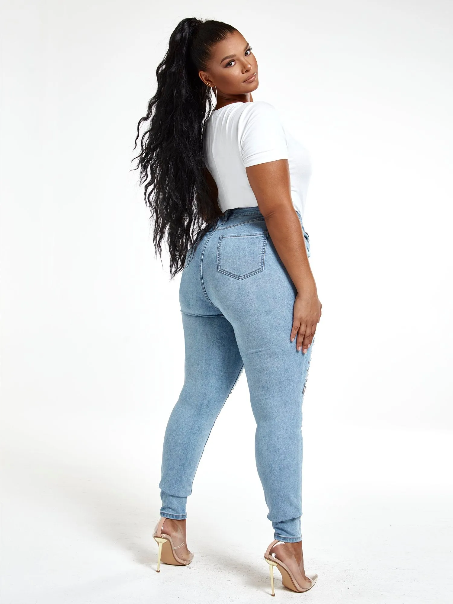 Light Wash High Rise Rhinestone Skinny Jeans - Tall Inseam