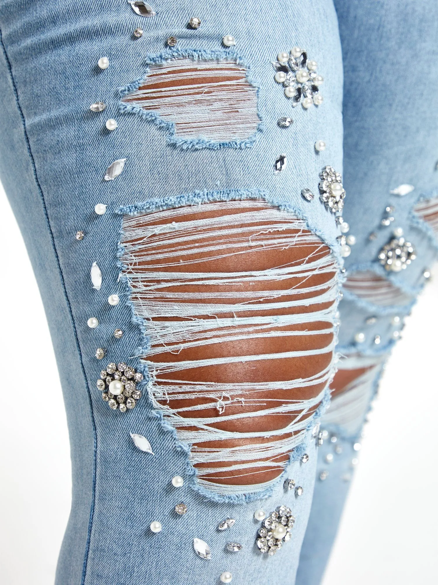 Light Wash High Rise Rhinestone Skinny Jeans - Tall Inseam