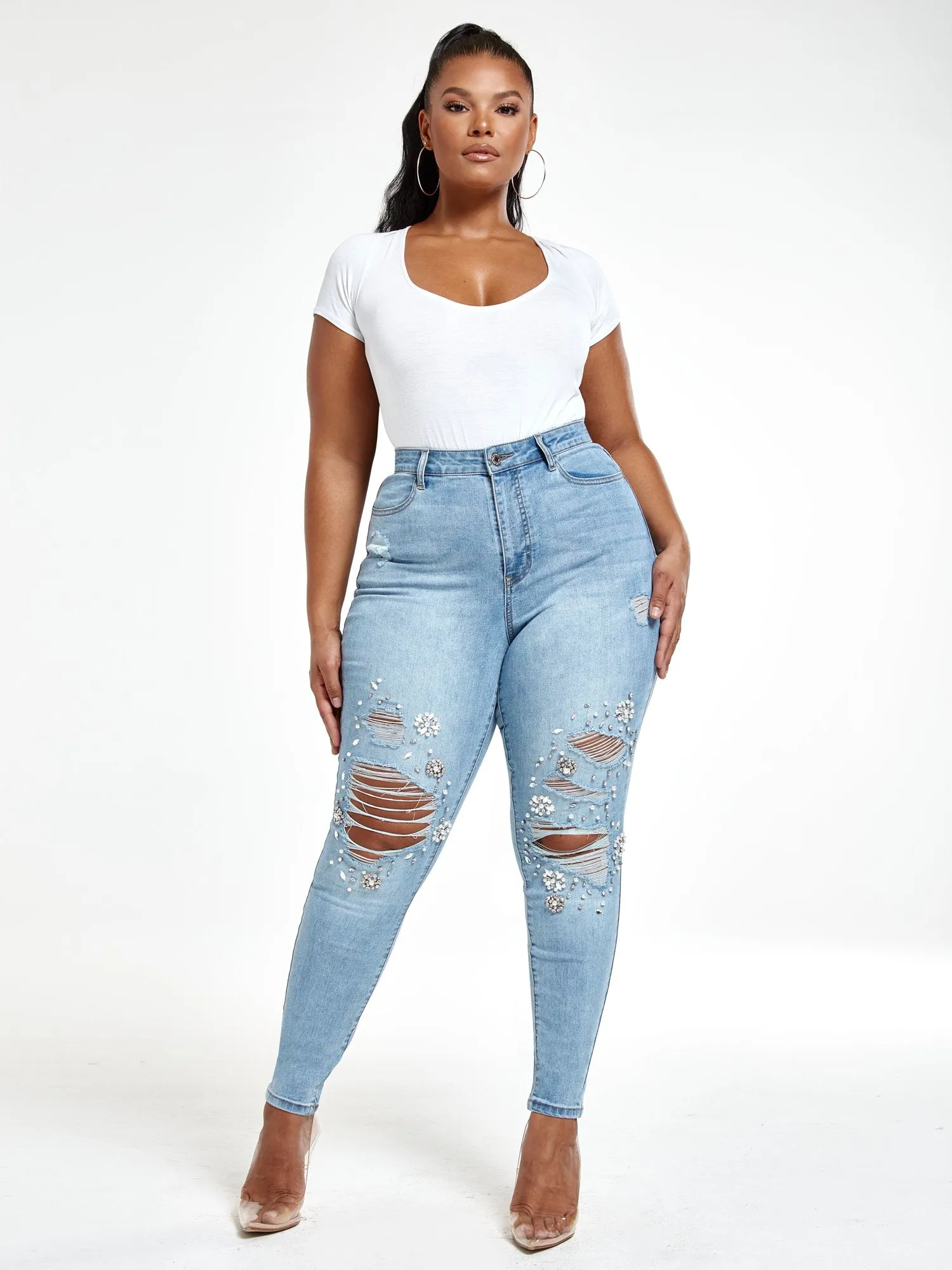 Light Wash High Rise Rhinestone Skinny Jeans - Tall Inseam