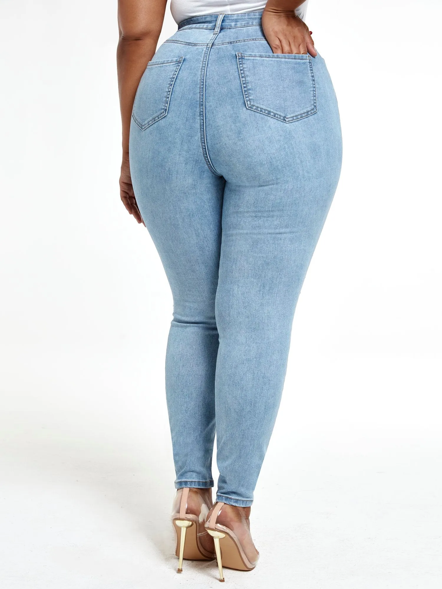 Light Wash High Rise Rhinestone Skinny Jeans - Tall Inseam