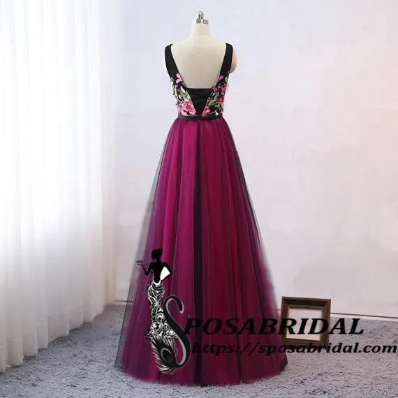 Long Black Women Evening Dress, Vintage Embellish Embroidery Floral Bridesmaid Dresses, WG320