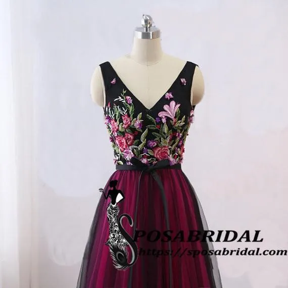 Long Black Women Evening Dress, Vintage Embellish Embroidery Floral Bridesmaid Dresses, WG320