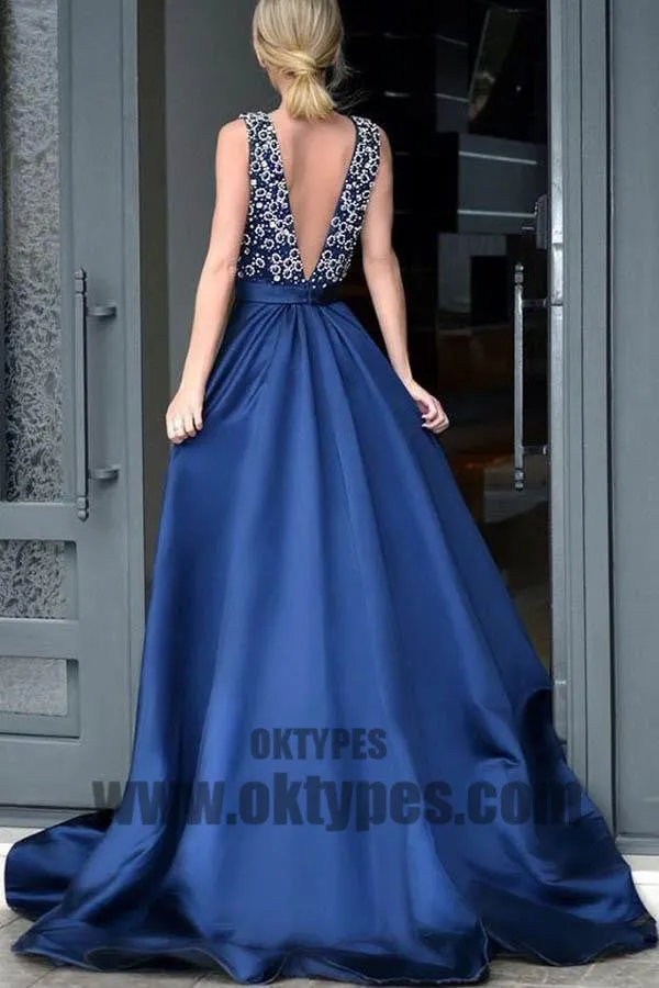Long Floor Length Prom Dresses, Beading Prom Dresses, V-neck Prom Dresses, V-back Prom Dresses, TYP0316