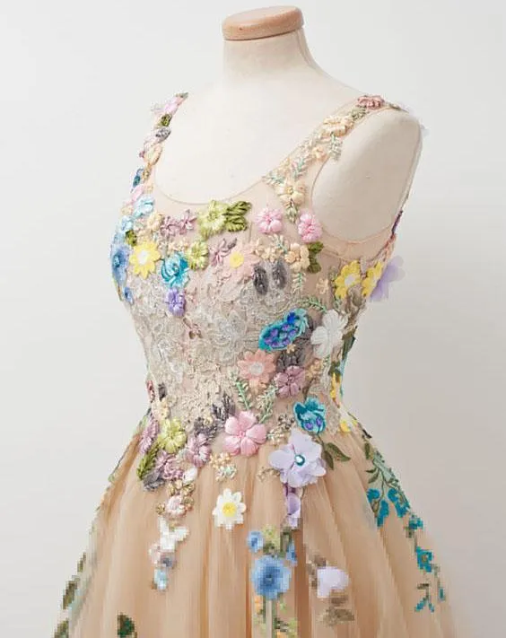 Long Prom Dresses, Tulle Prom Dresses, A-Line Party Dresses, Applique Evening Dresses, Sleeveless Prom Dresses , Flower Prom Dresses, LB0456