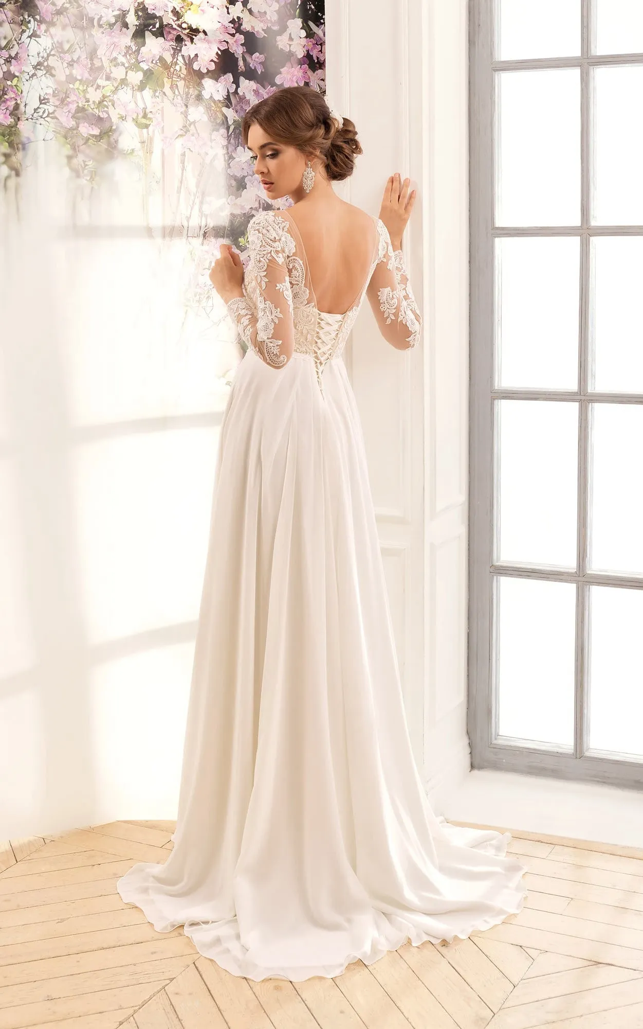Long-Sleeve Appliqued Pleats Floor-Length A-Line Lace Dress-714440