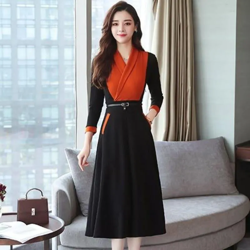 Long Sleeve Vintage Chiffon Elegant  Midi Dress