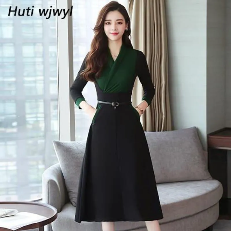Long Sleeve Vintage Chiffon Elegant  Midi Dress