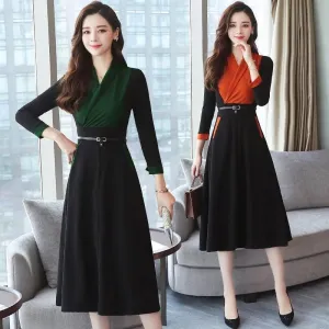 Long Sleeve Vintage Chiffon Elegant  Midi Dress