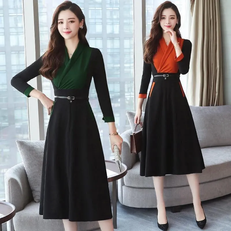 Long Sleeve Vintage Chiffon Elegant  Midi Dress