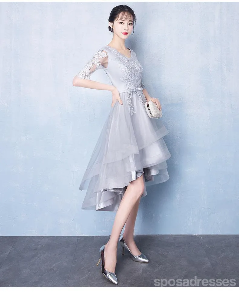 Long Sleeves High Low Grey Lace Cheap Homecoming Dresses Online, CM693