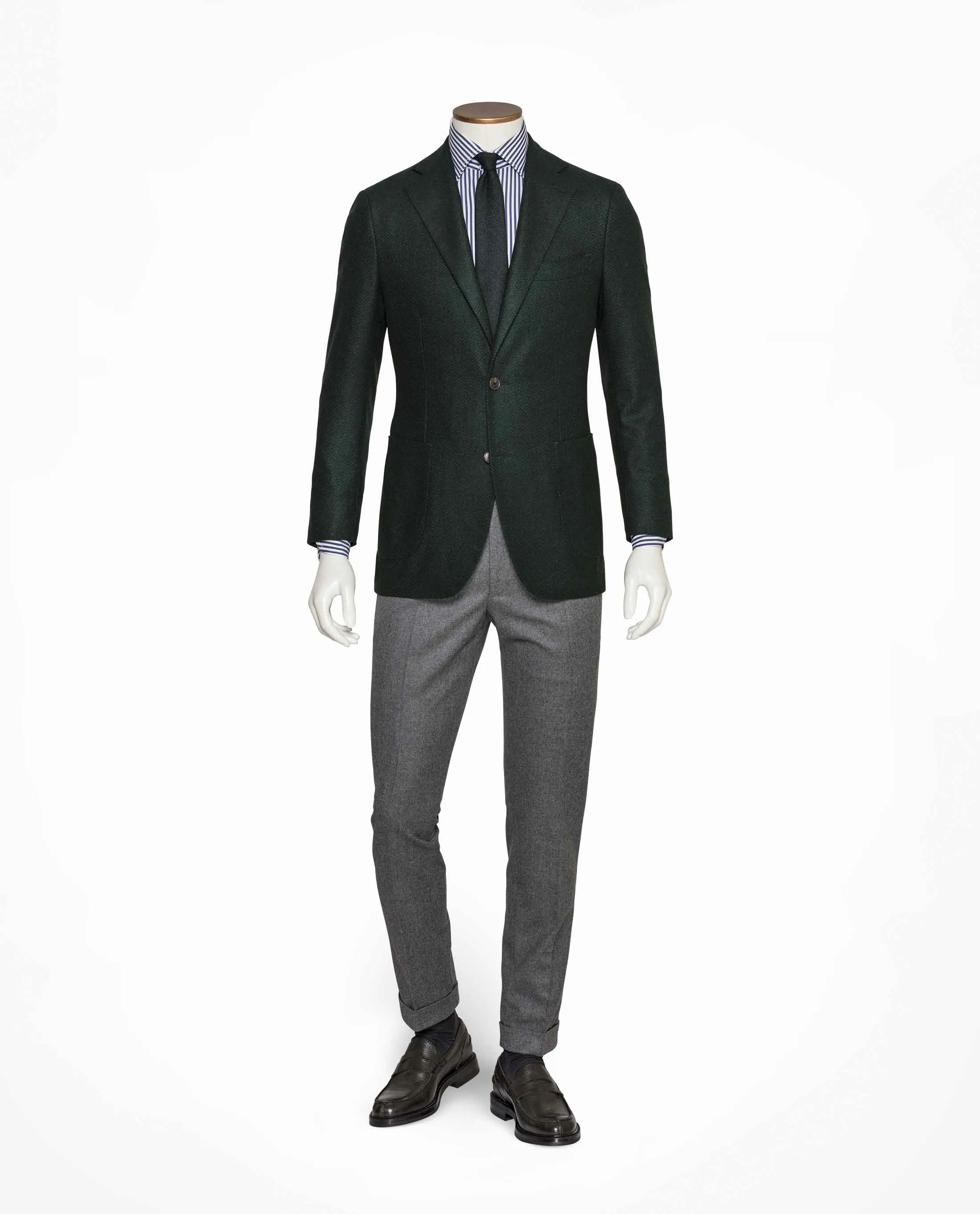 Loro Piana Dark Green Felted Merino Wool Herringbone