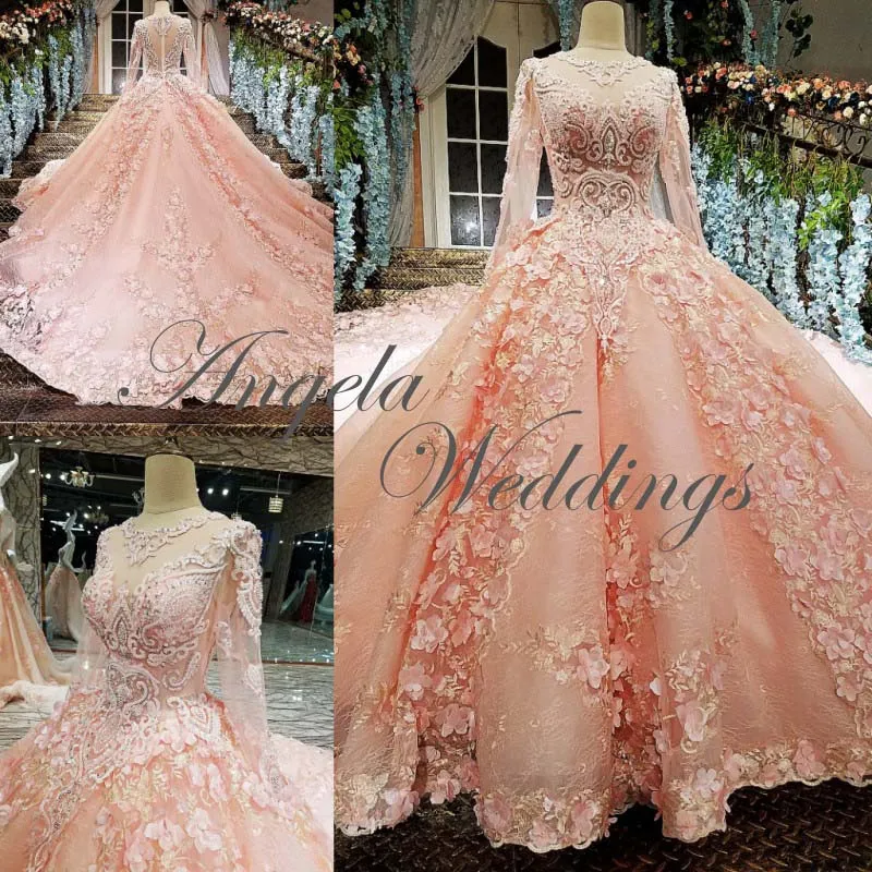Luxury Pink Lace Long Sleeve Ball Gown Wedding Dress Beaded Flowers