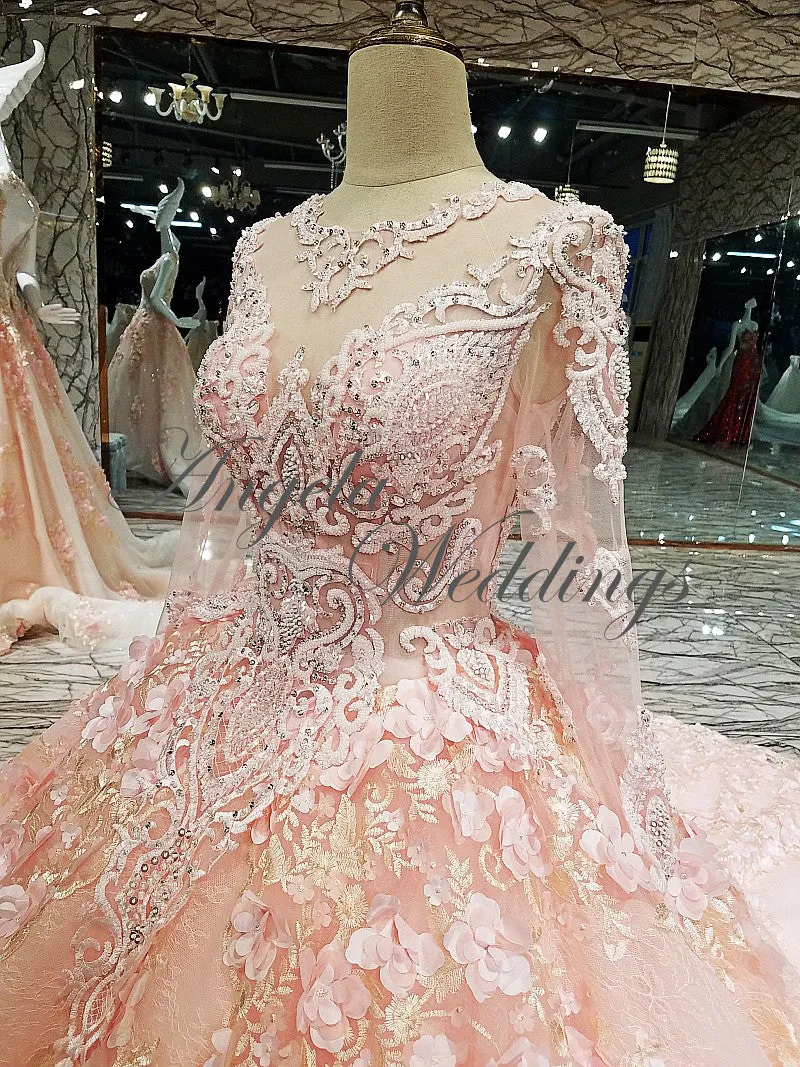 Luxury Pink Lace Long Sleeve Ball Gown Wedding Dress Beaded Flowers