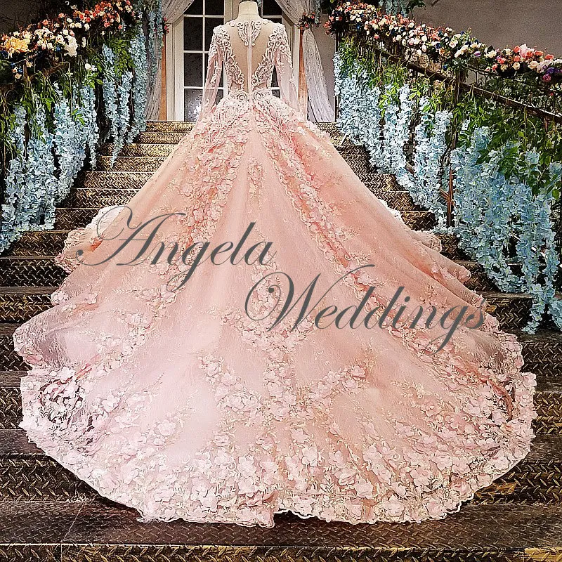 Luxury Pink Lace Long Sleeve Ball Gown Wedding Dress Beaded Flowers