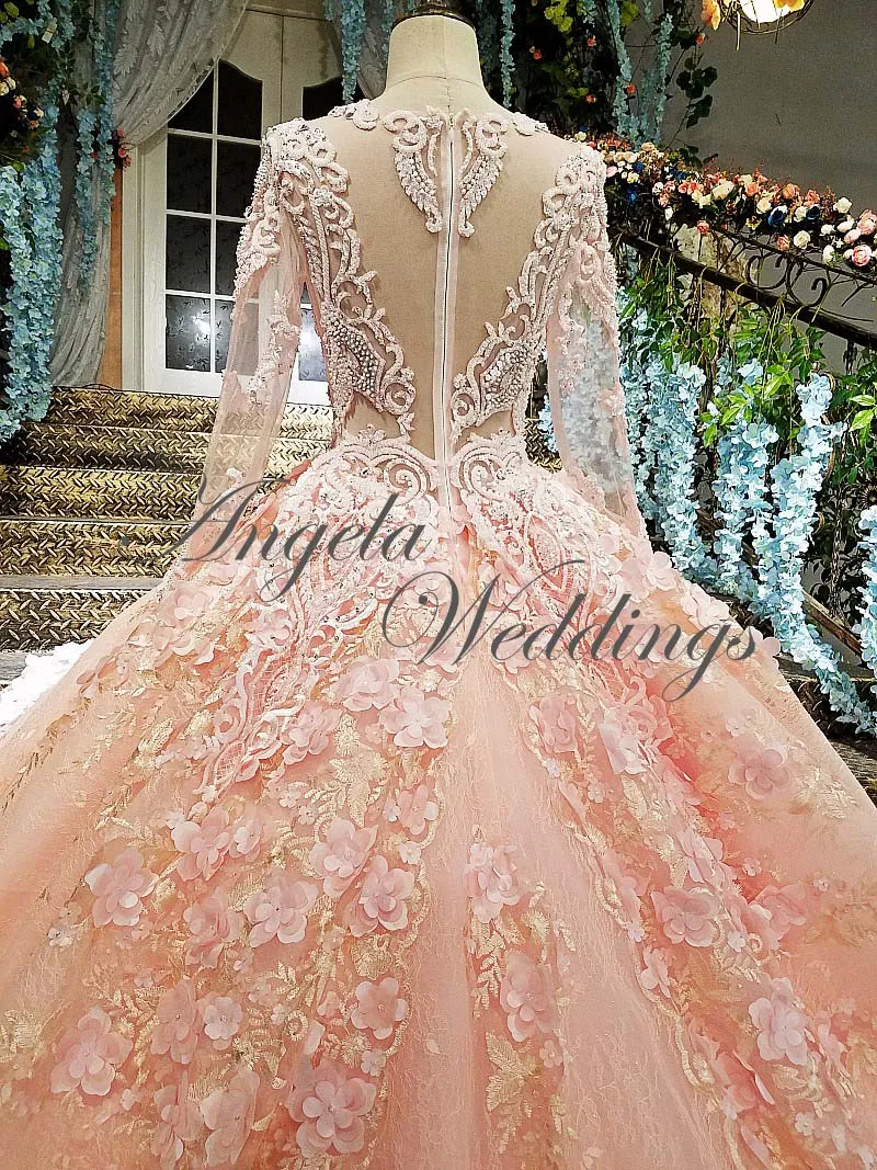 Luxury Pink Lace Long Sleeve Ball Gown Wedding Dress Beaded Flowers