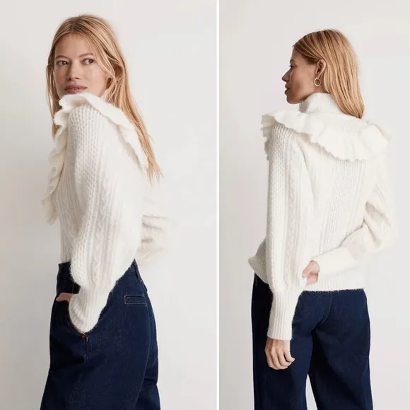 Madewell NWT Cable Winslow Mockneck Pullover Sweater Antique Cream NEW Medium