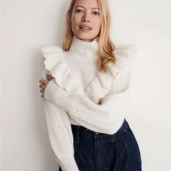 Madewell NWT Cable Winslow Mockneck Pullover Sweater Antique Cream NEW Medium