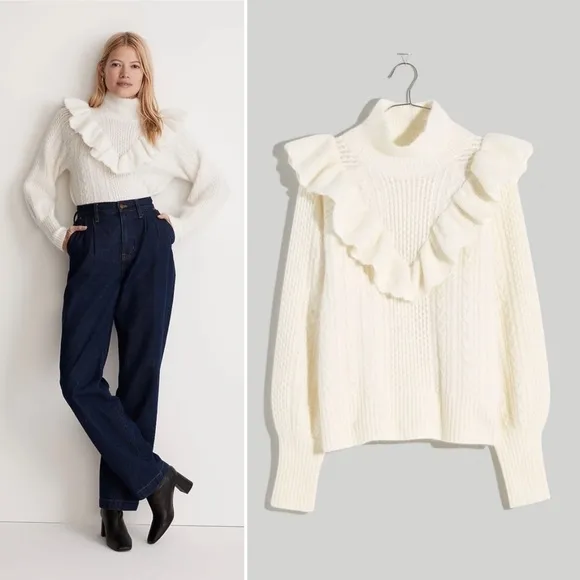 Madewell NWT Cable Winslow Mockneck Pullover Sweater Antique Cream NEW Medium