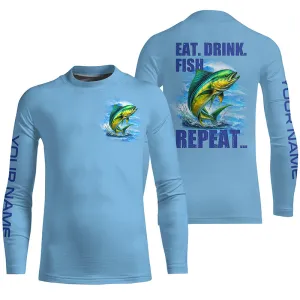 Mahi mahi (Dorado) Fishing Custom Long Sleeve Fishing shirts for kid Eat Drink Fish Repeat | Blue NQS6610
