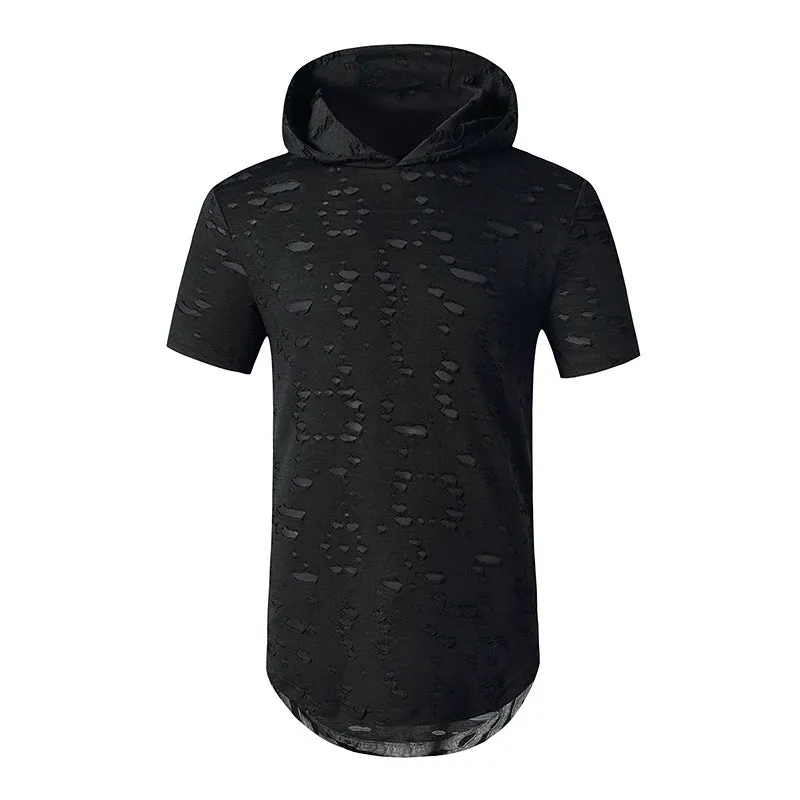 Men Holes Short Sleeves Stripes Hoody T-Shirt