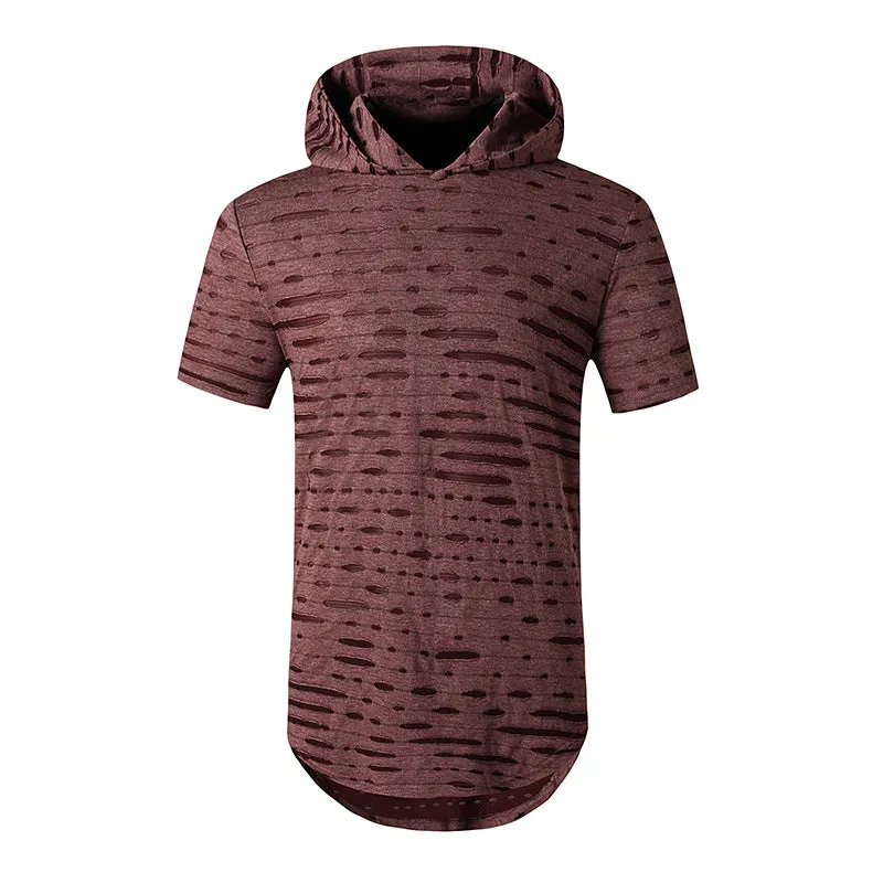 Men Holes Short Sleeves Stripes Hoody T-Shirt