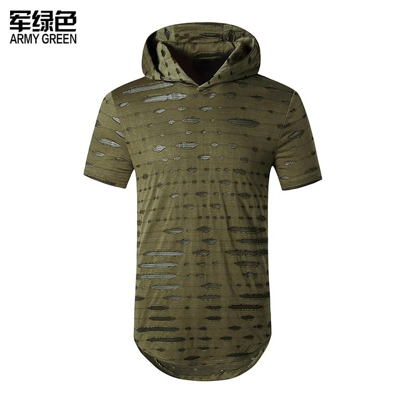 Men Holes Short Sleeves Stripes Hoody T-Shirt