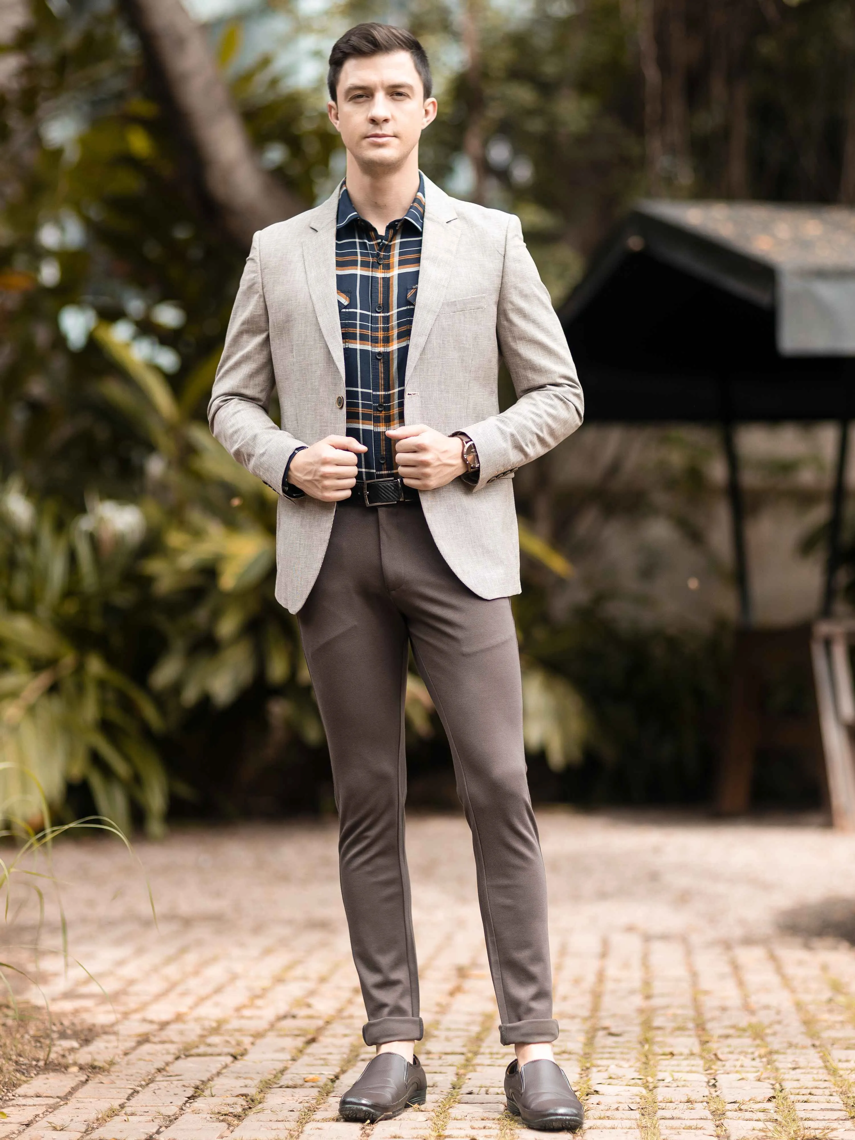 Men's Khaki Slim Fit Printed Casual Blazer