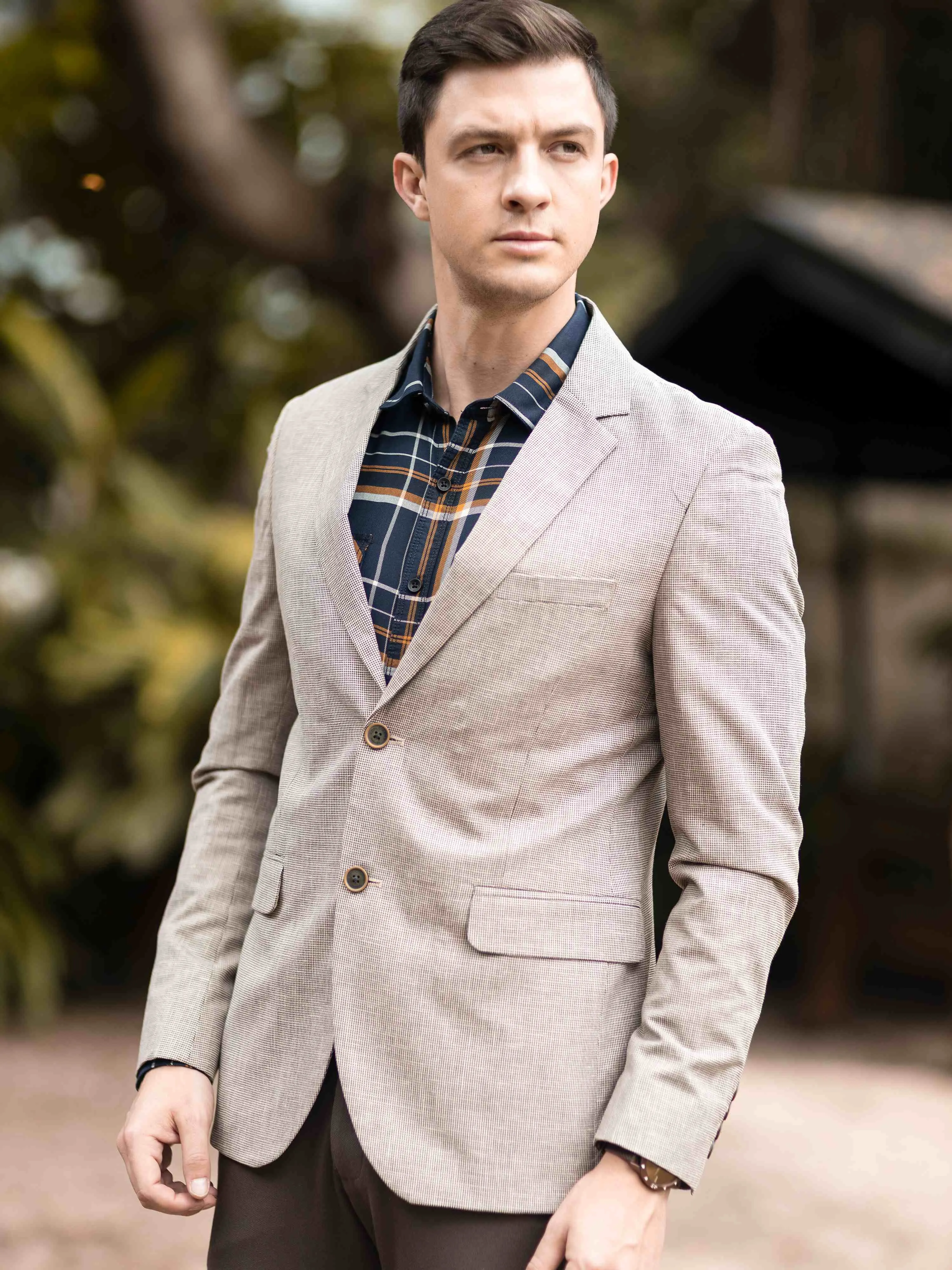 Men's Khaki Slim Fit Printed Casual Blazer