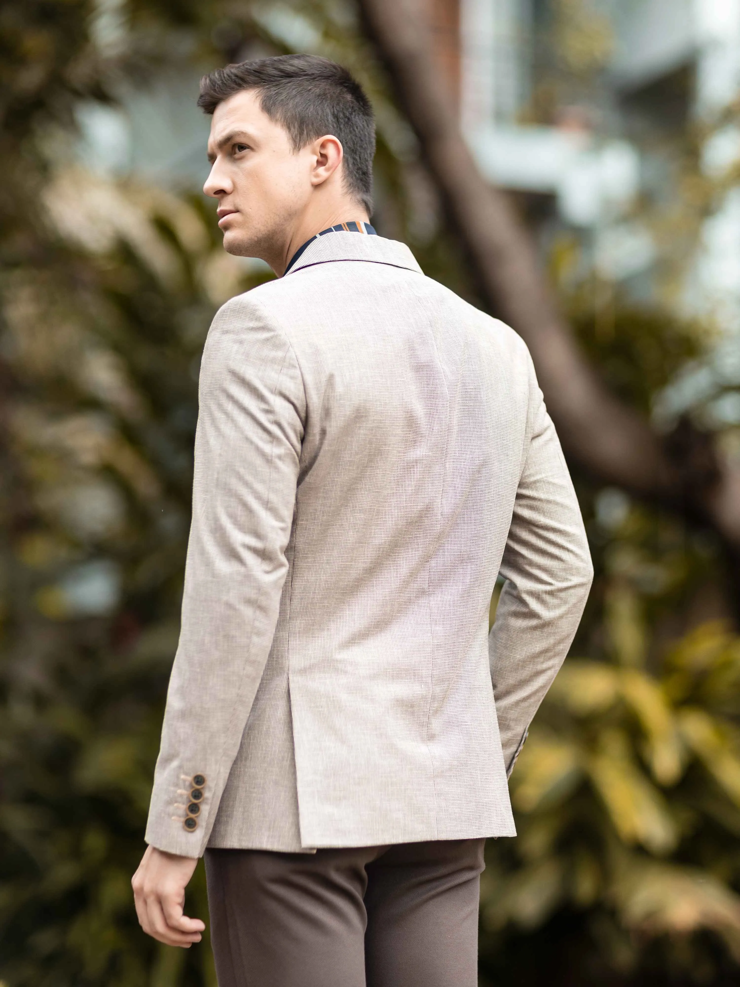 Men's Khaki Slim Fit Printed Casual Blazer
