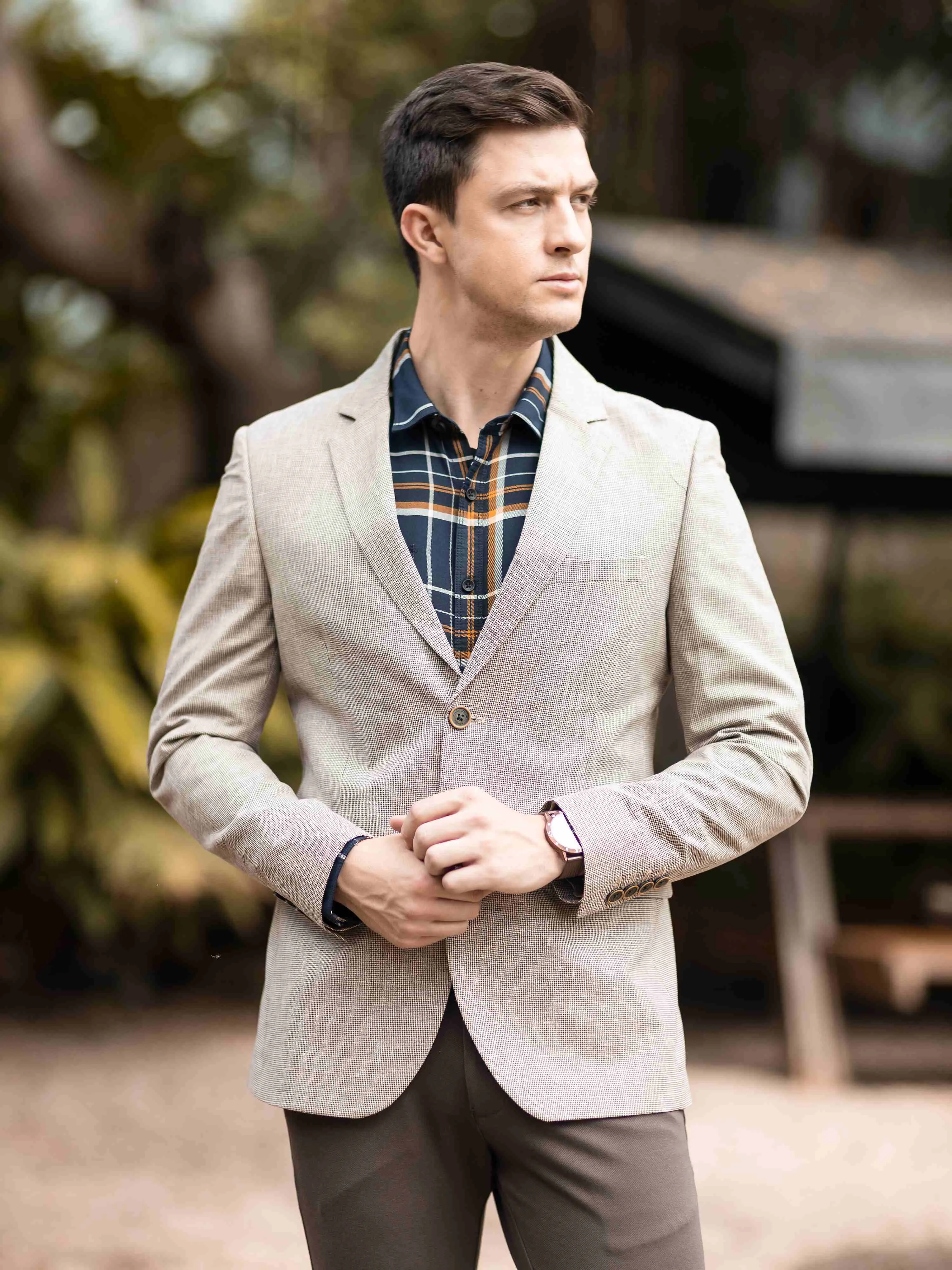 Men's Khaki Slim Fit Printed Casual Blazer