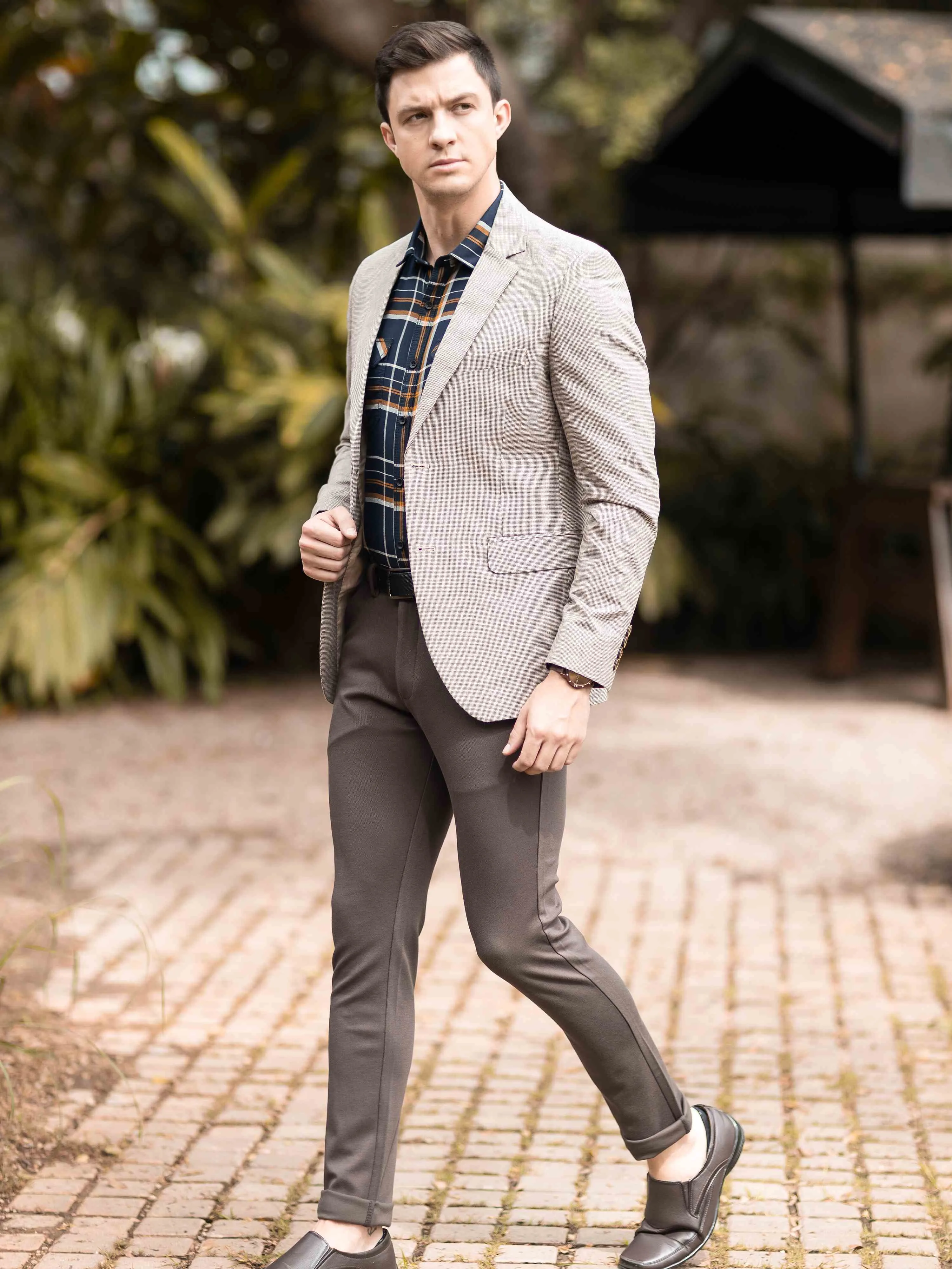 Men's Khaki Slim Fit Printed Casual Blazer