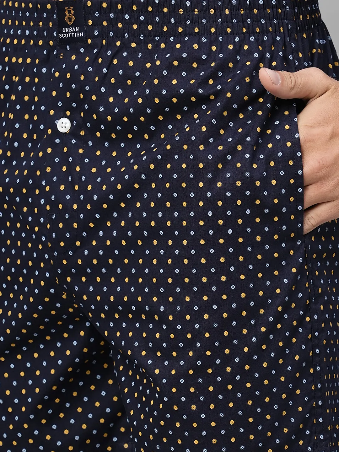 Men's Navy, 100% Cotton, Printed, Regular Fit, Inner Elastic, Mid-Rise, Boxers