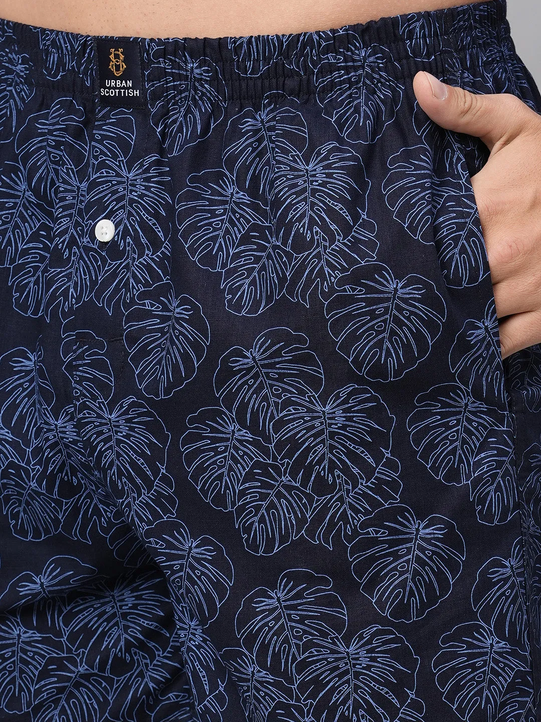 Men's Navy, 100% Cotton, Printed, Regular Fit, Inner Elastic, Mid-Rise, Boxers