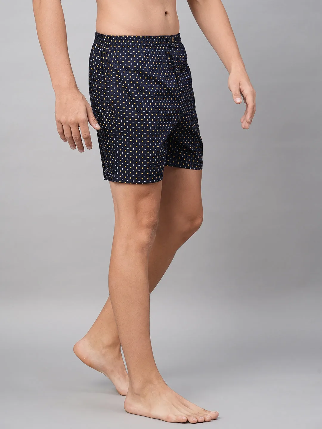Men's Navy, 100% Cotton, Printed, Regular Fit, Inner Elastic, Mid-Rise, Boxers