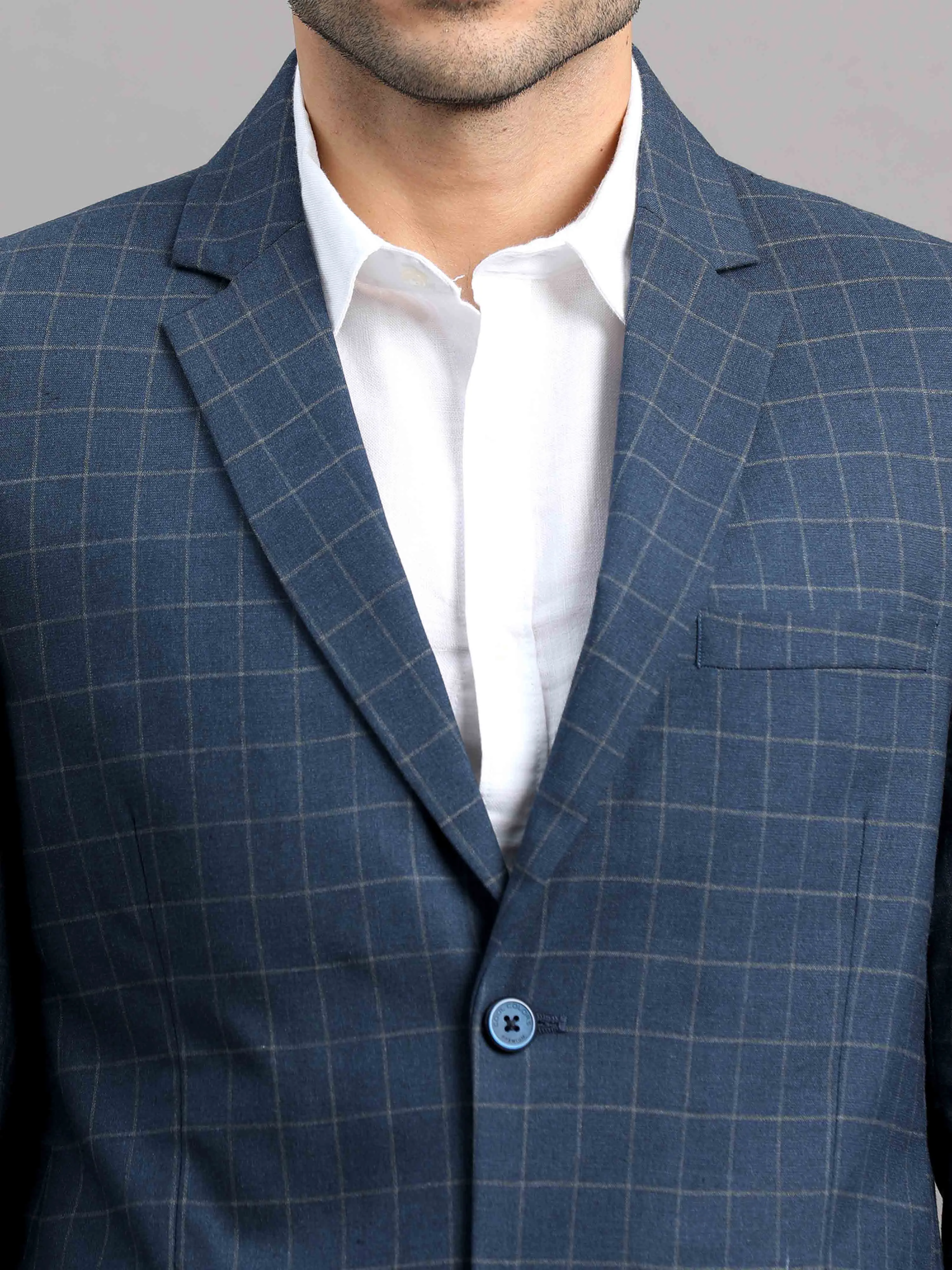 Men's Navy Slim Fit Cotton Blend Full Sleeve Checks Casual Blazer