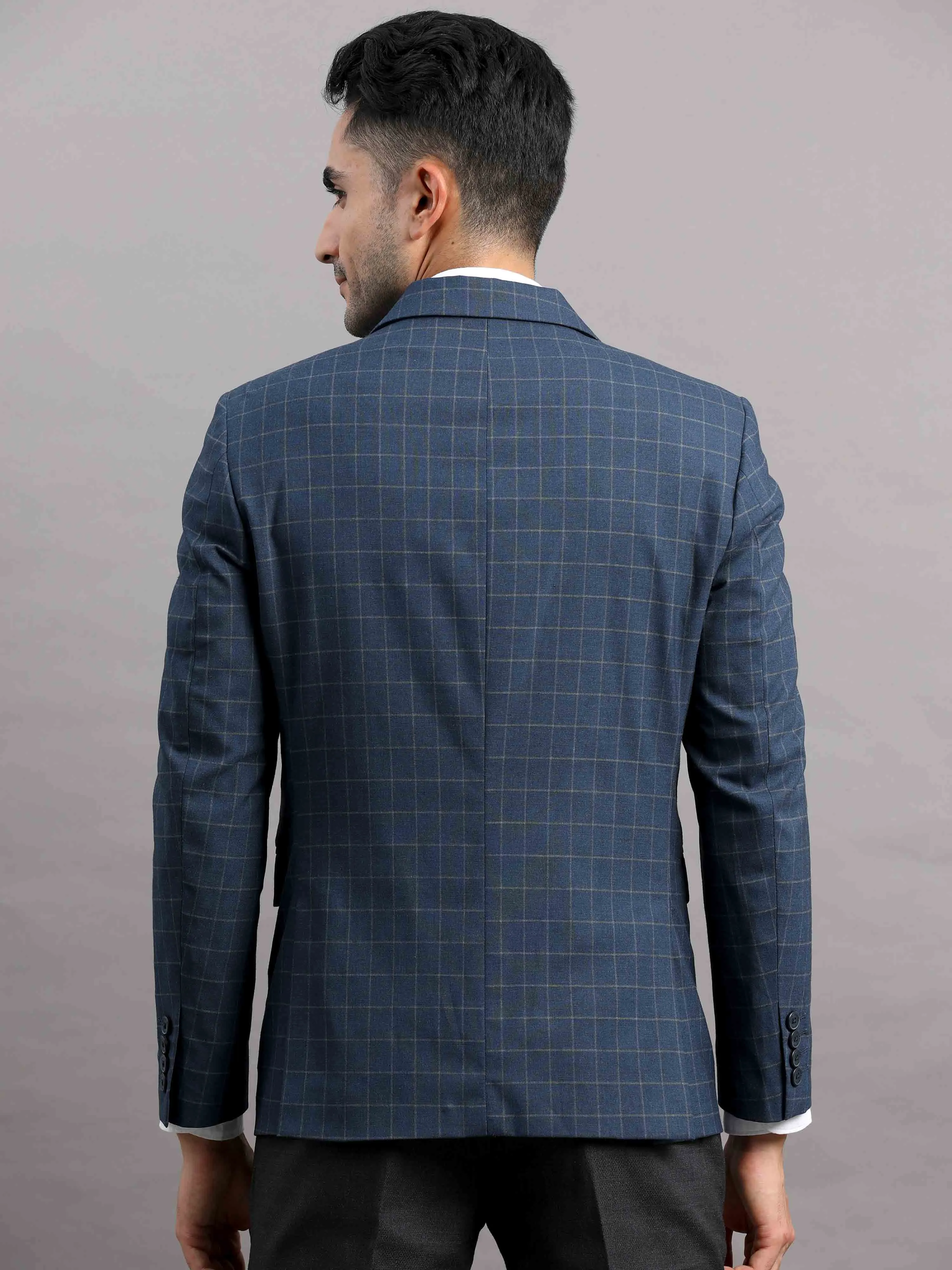 Men's Navy Slim Fit Cotton Blend Full Sleeve Checks Casual Blazer