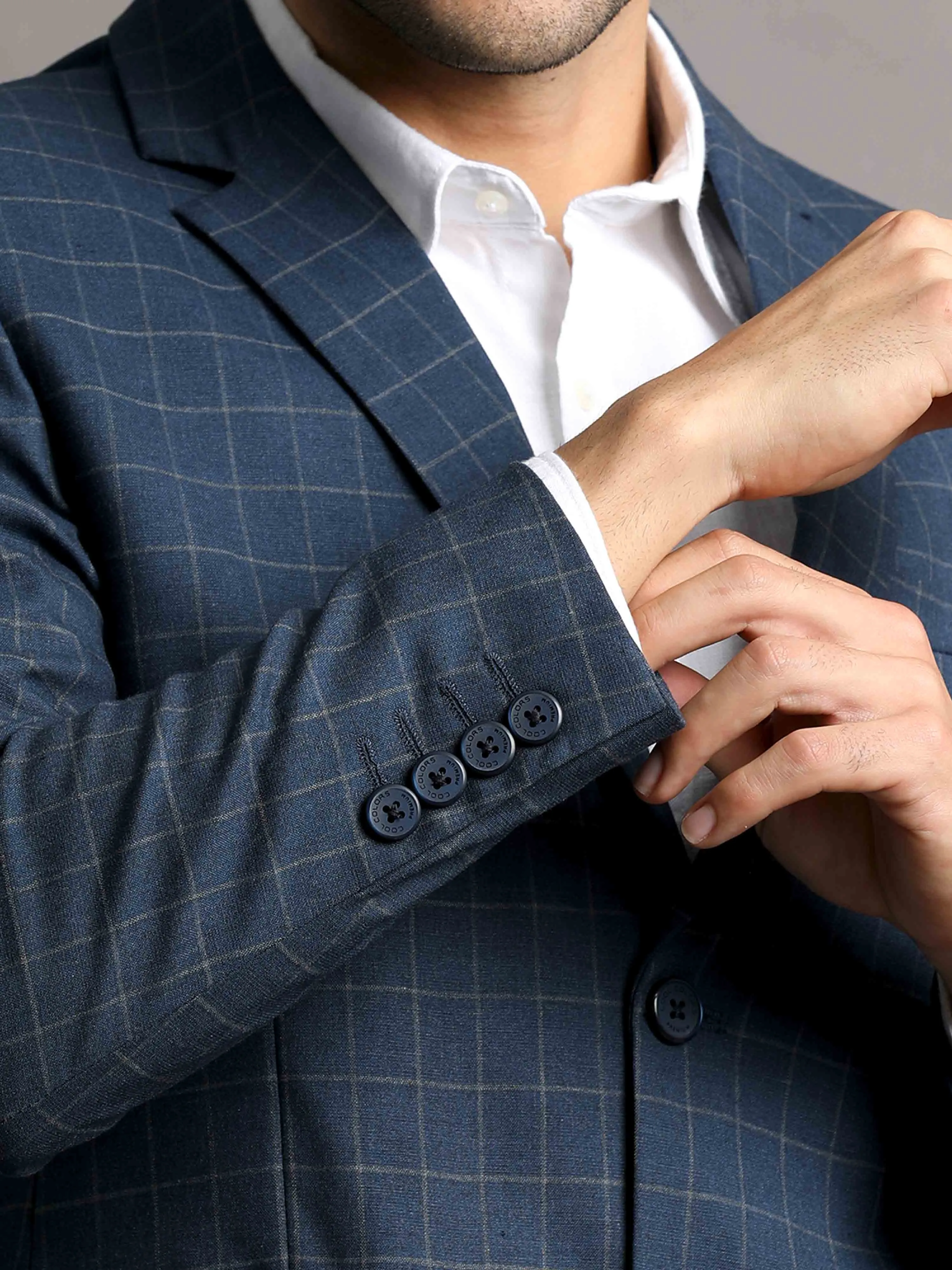 Men's Navy Slim Fit Cotton Blend Full Sleeve Checks Casual Blazer