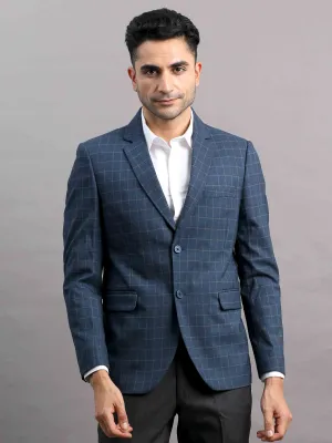Men's Navy Slim Fit Cotton Blend Full Sleeve Checks Casual Blazer