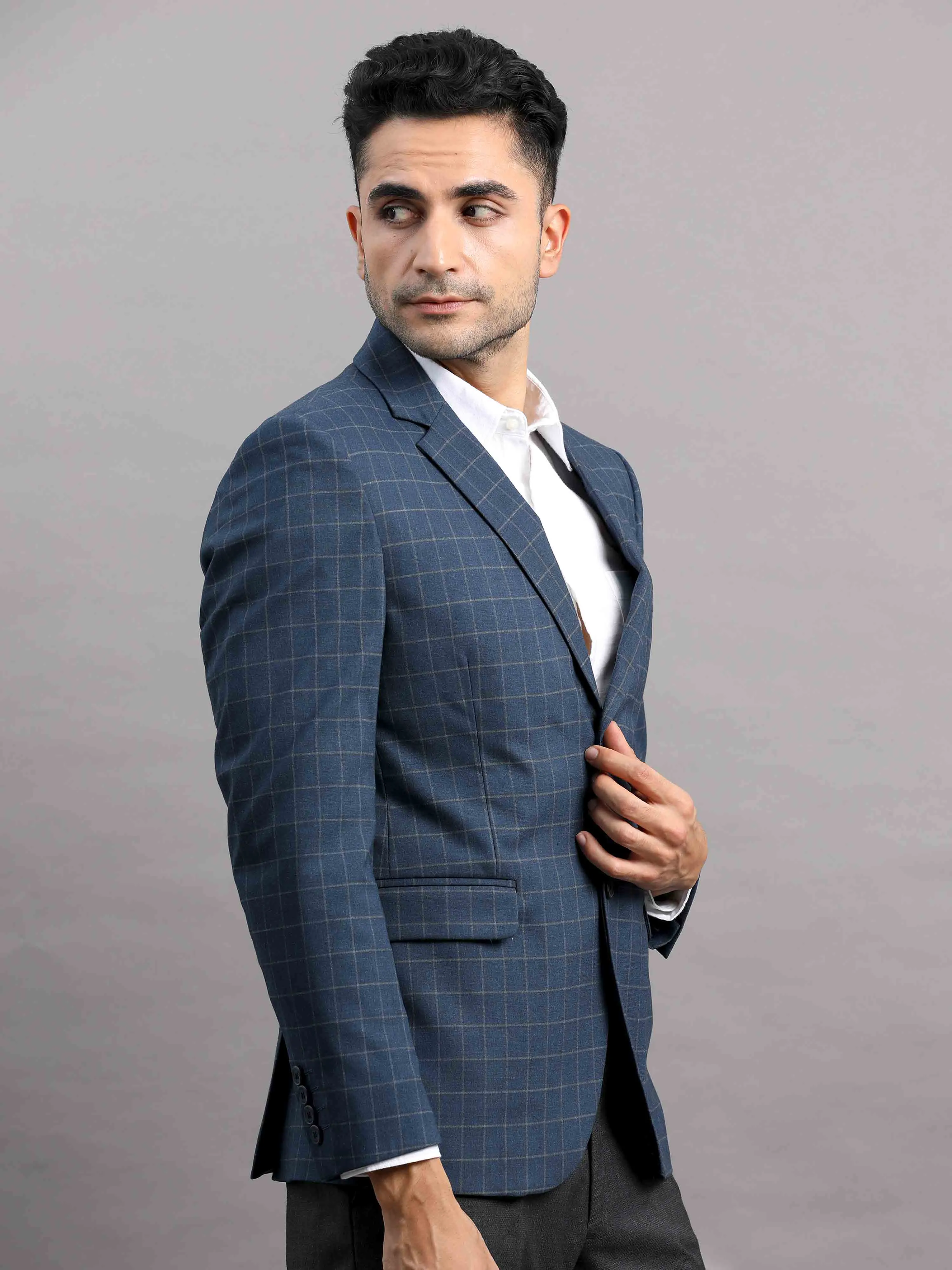 Men's Navy Slim Fit Cotton Blend Full Sleeve Checks Casual Blazer