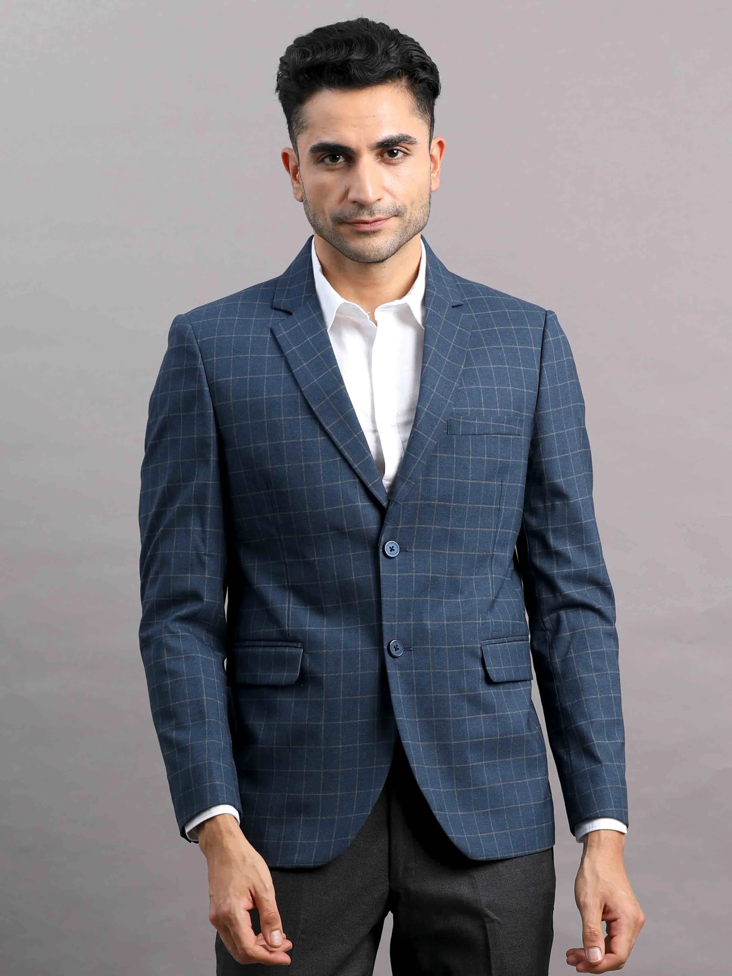 Men's Navy Slim Fit Cotton Blend Full Sleeve Checks Casual Blazer