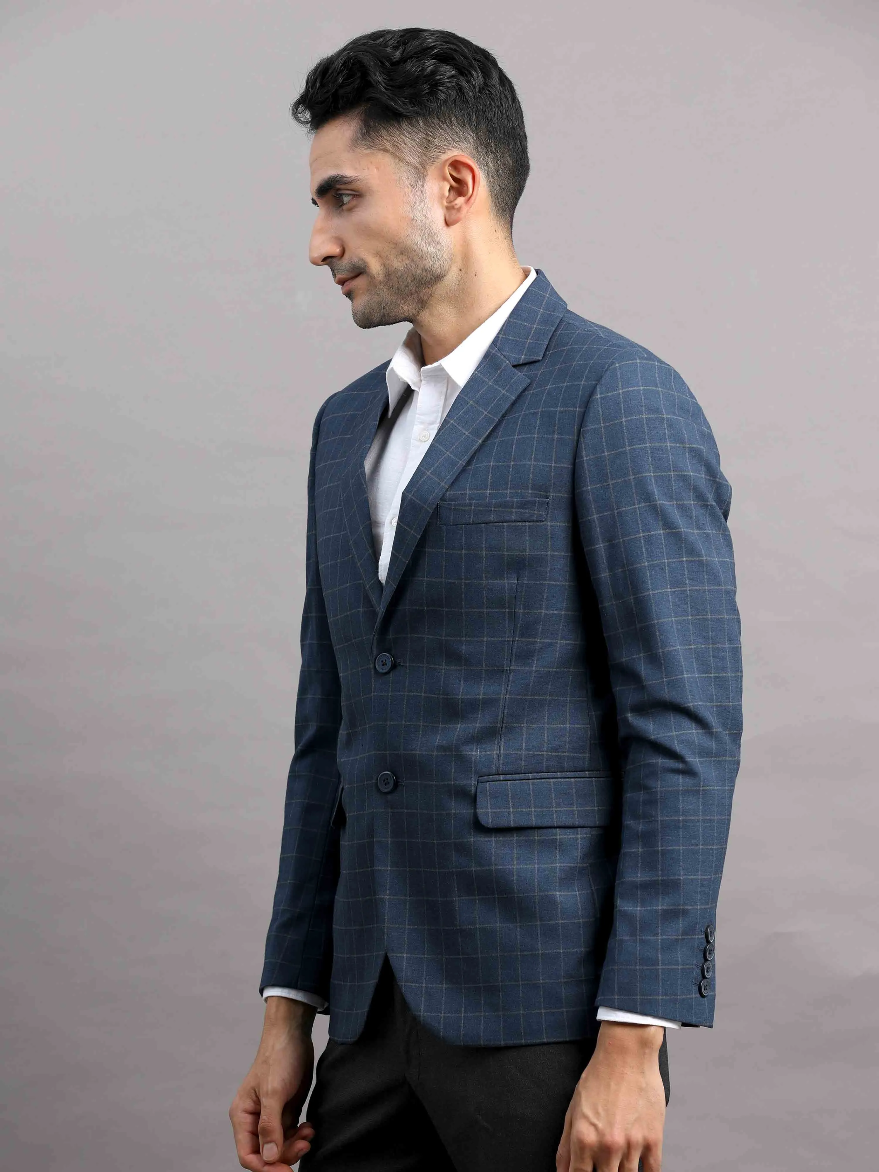 Men's Navy Slim Fit Cotton Blend Full Sleeve Checks Casual Blazer